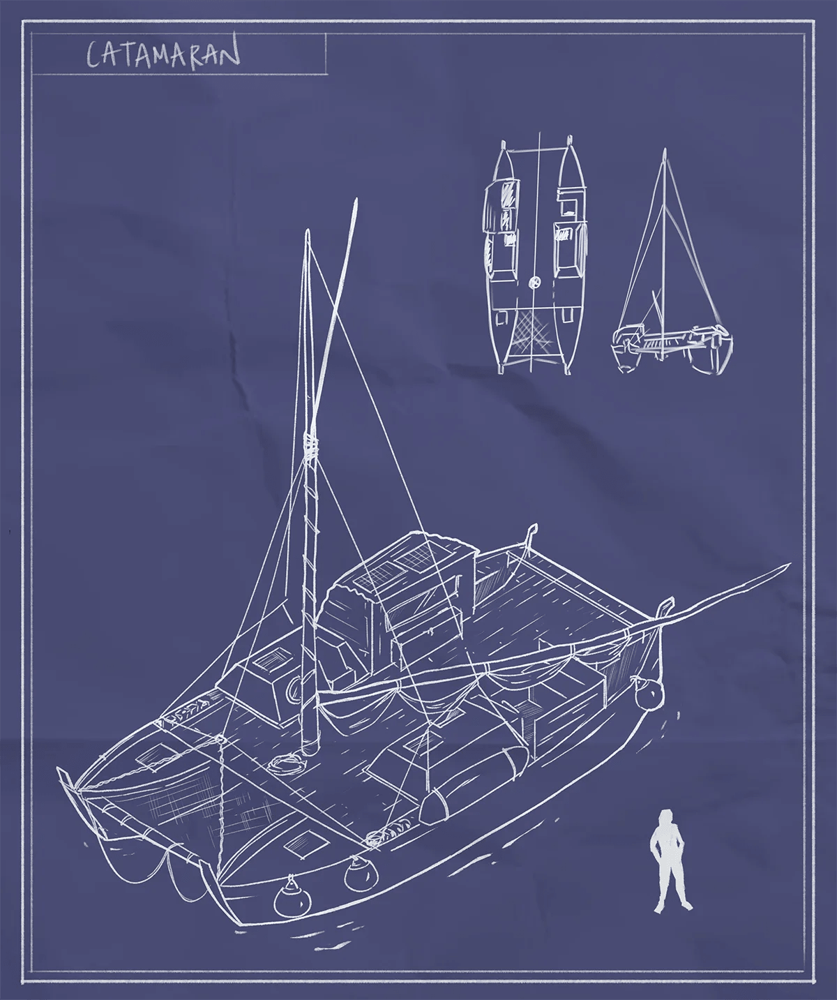 Boceto tipo blueprint de un catamaran con vistas de un barco, de Patricia García Ricon, alumna de Ilustración y Animación 2D en TRAZOS