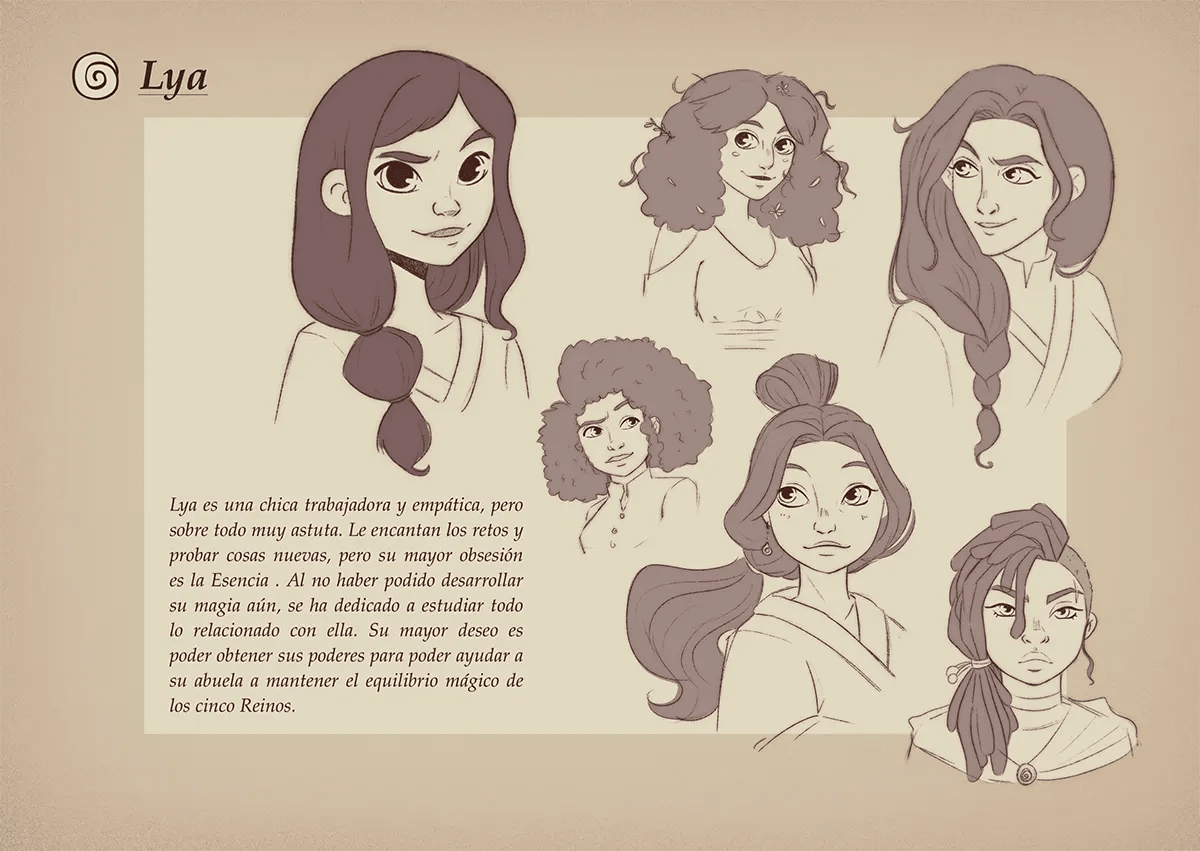 Hoja de diseño del personaje Lya con exploraciones de rostro, del proyecto Me Olas, de Ilustración y Animación 2D en TRAZOS