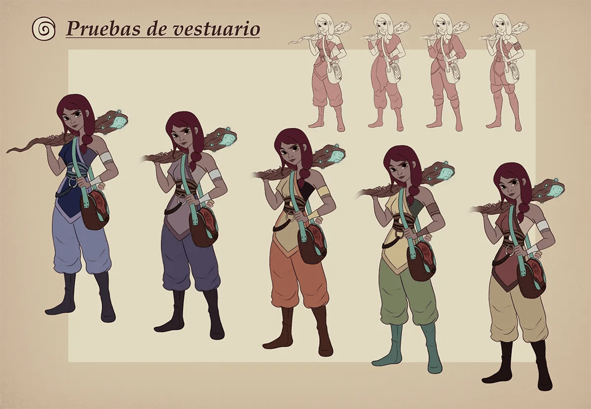 Hoja de pruebas de vestuario del personaje Lya con variaciones de color, del proyecto Me Olas, de Ilustración y Animación 2D en TRAZOS
