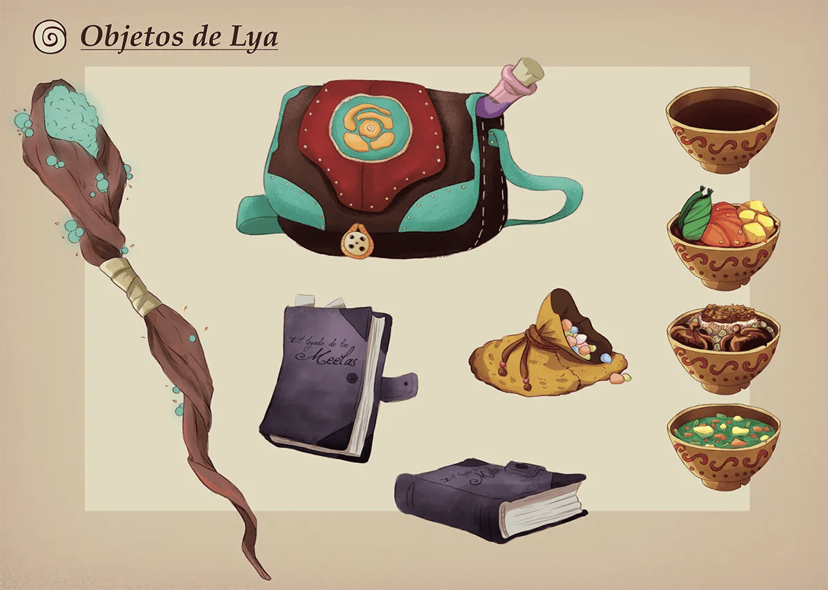 Hoja de props y objetos del personaje Lya con bolso, libro y cuencos de comida, del proyecto Me Olas, de Ilustración y Animación 2D en TRAZOS