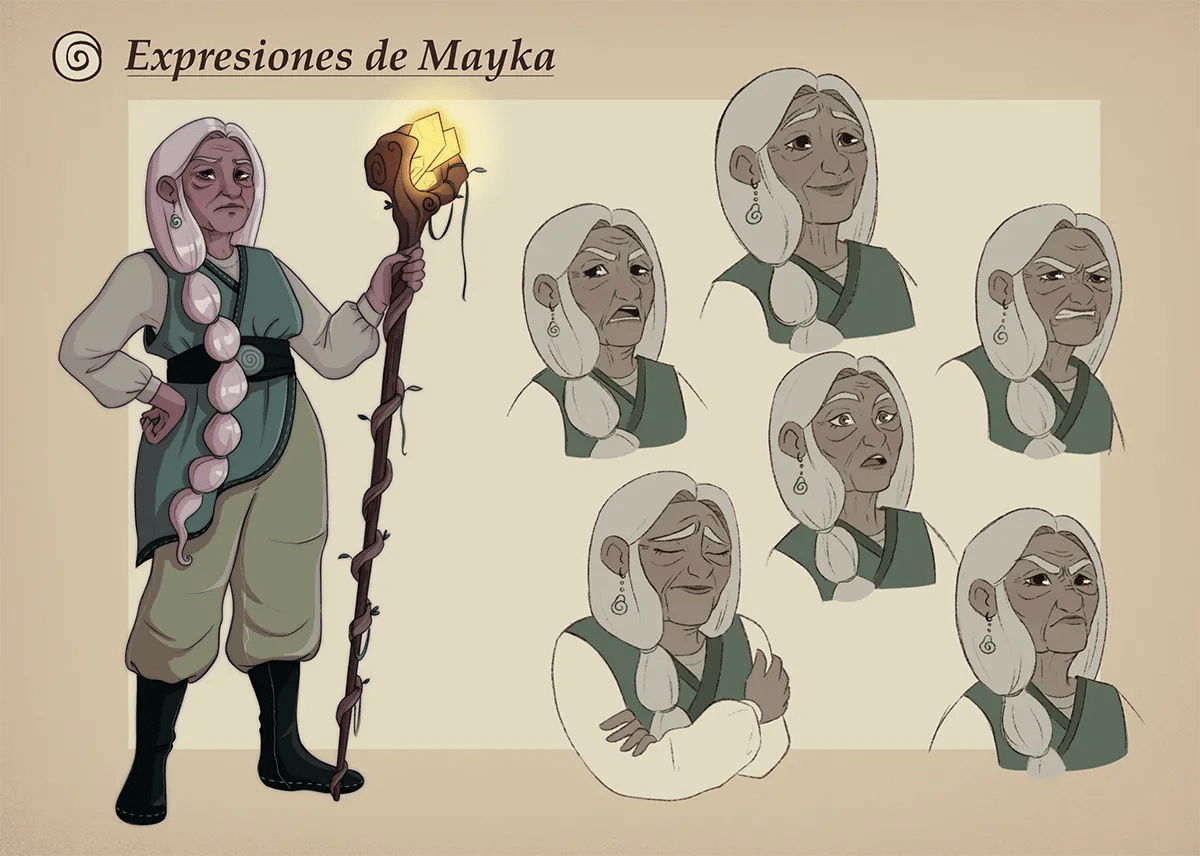 Hoja de expresiones del personaje Mayka, la abuela, del proyecto Me Olas, de Ilustración y Animación 2D en TRAZOS