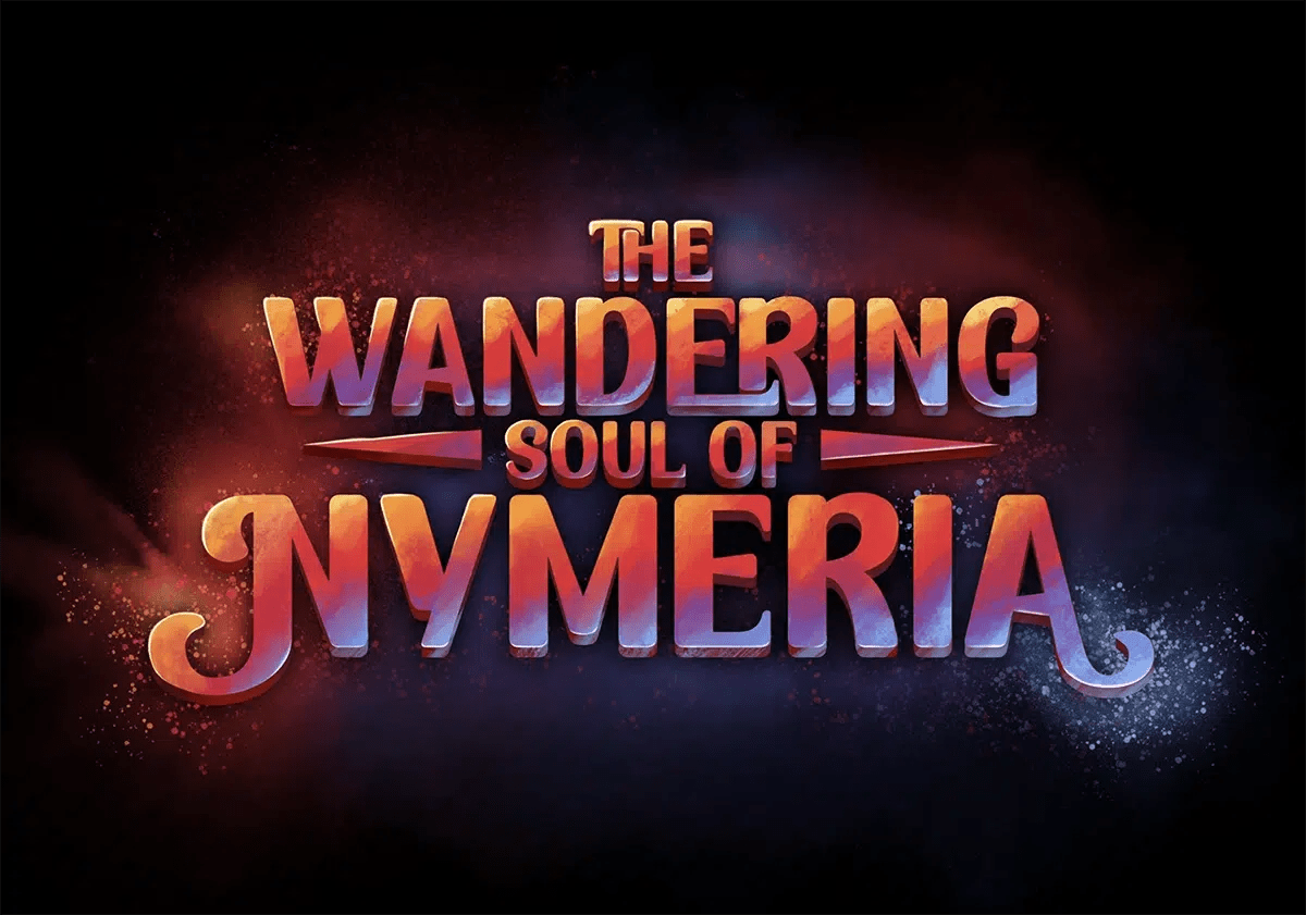 Diseño de logo título The Wandering Soul of Nymeria con tipografía de fantasía en degradado rojo y azul, de Valeria De Freitas, alumna de Ilustración y Animación 2D en TRAZOS
