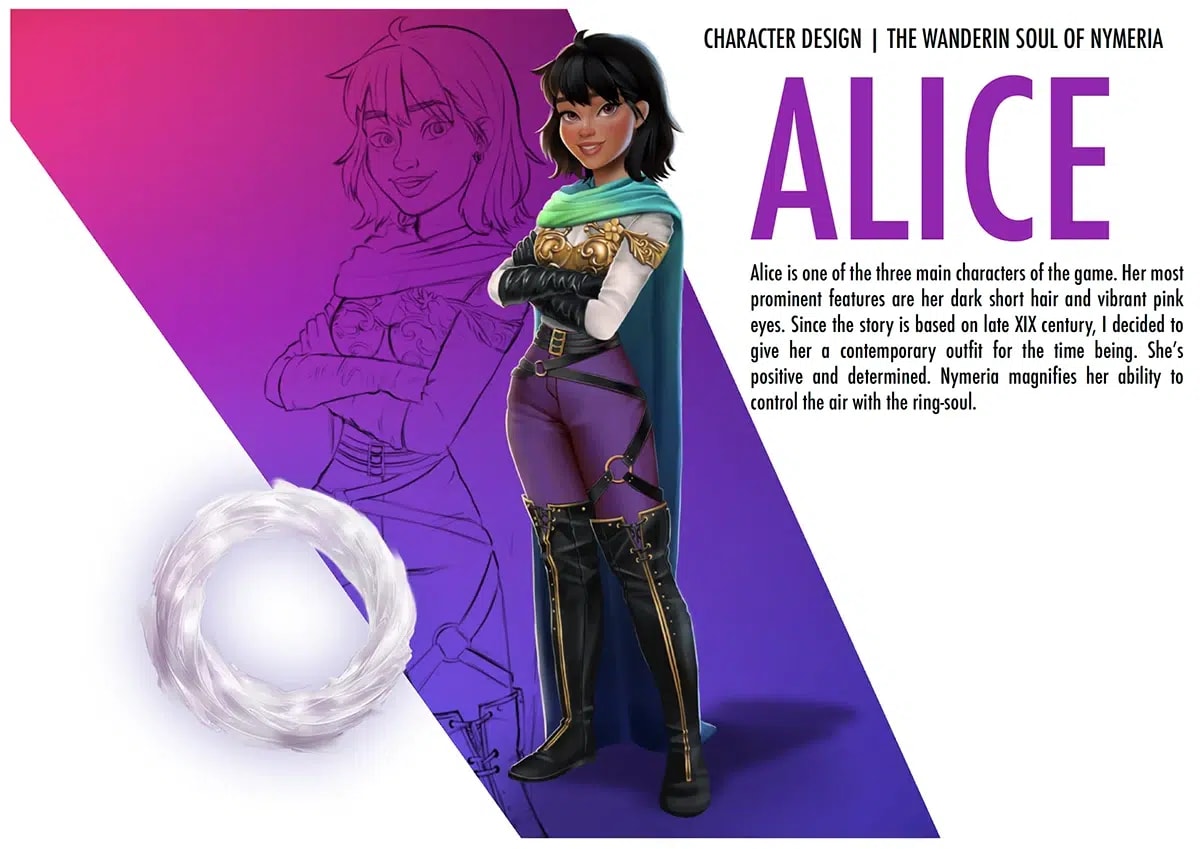 Hoja de diseño del personaje Alice del juego The Wandering Soul of Nymeria, una chica de pelo corto oscuro y ojos rosas, de Valeria De Freitas, alumna de Ilustración y Animación 2D en TRAZOS