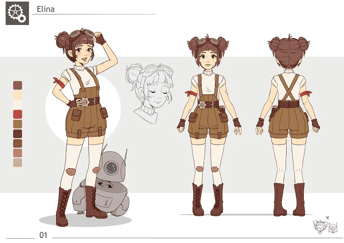 Hoja de personaje de Elina, una chica mecánica steampunk con peto y gafas, en varias vistas y paleta de color, de Ana Patricia Cachafeiro, alumna de Ilustración y Animación 2D en TRAZOS