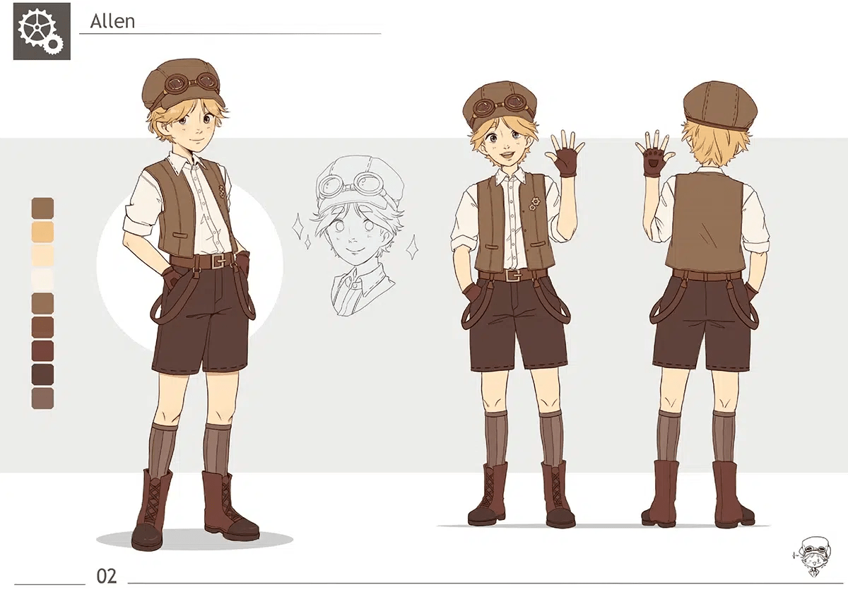 Hoja de personaje de Allen, un chico rubio con chaleco y gorra de aviador, en varias vistas, de Ana Patricia Cachafeiro, alumna de Ilustración y Animación 2D en TRAZOS