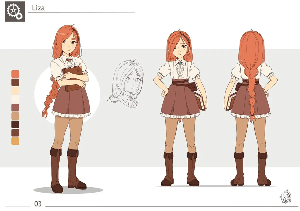 Hoja de personaje de Liza, una chica pelirroja con falda y libro, en varias vistas y paleta de color, de Ana Patricia Cachafeiro, alumna de Ilustración y Animación 2D en TRAZOS