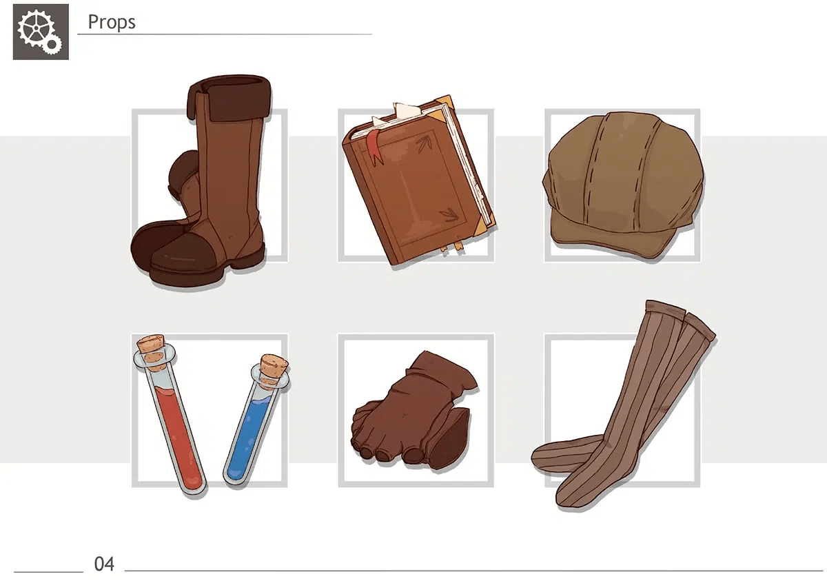 Lámina de props ilustrados con botas, libro, gorra, frascos, guantes y calcetines del proyecto, de Ana Patricia Cachafeiro, alumna de Ilustración y Animación 2D en TRAZOS