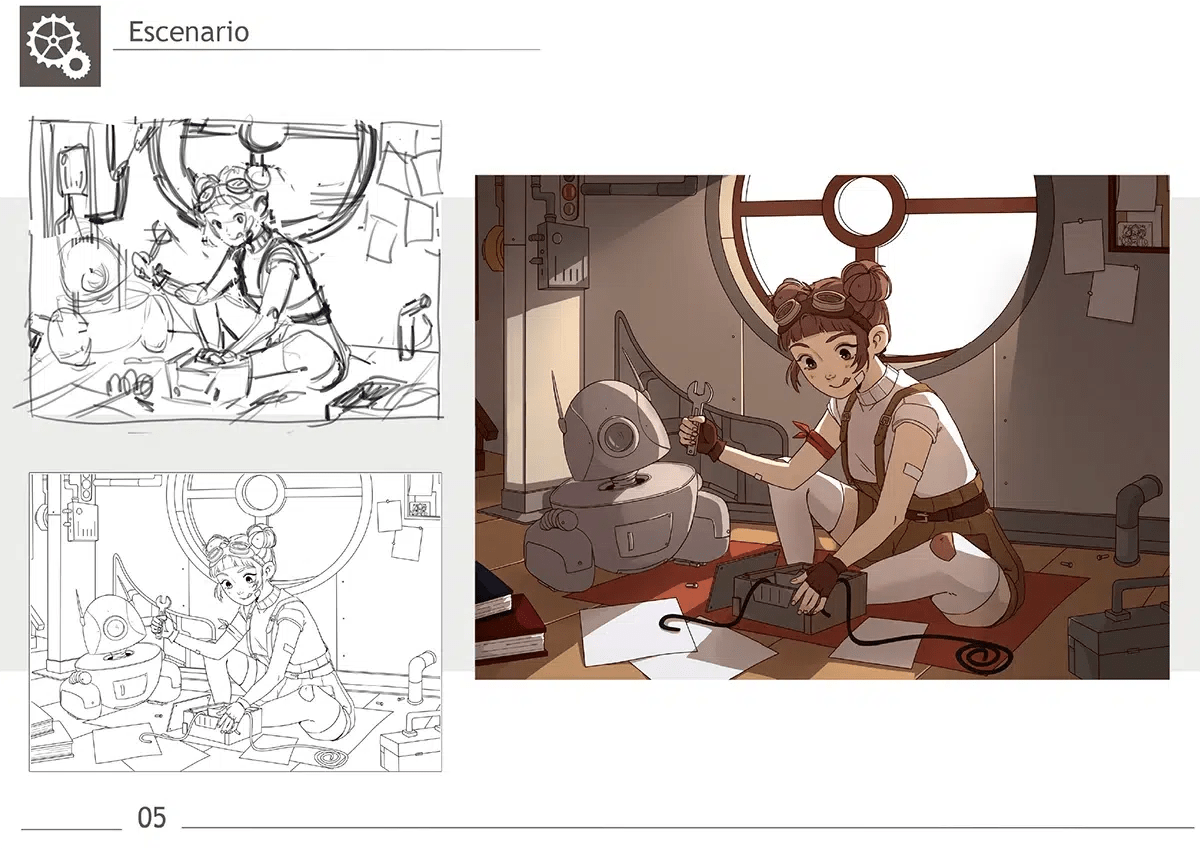 Lámina del escenario del taller con bocetos, lineart y arte final de la chica mecánica con su robot, de Ana Patricia Cachafeiro, alumna de Ilustración y Animación 2D en TRAZOS