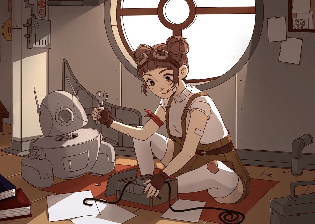 Ilustración final de la chica mecánica steampunk arreglando su robot en el taller con ventana circular, de Ana Patricia Cachafeiro, alumna de Ilustración y Animación 2D en TRAZOS