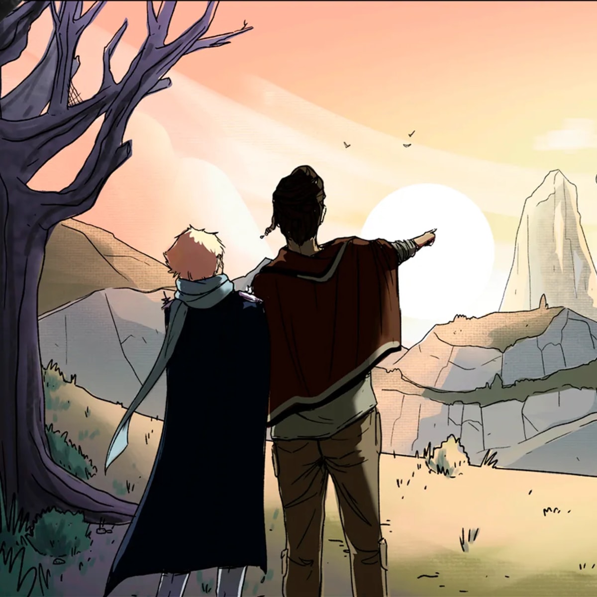 Ilustración de dos personajes de espaldas señalando un pico montañoso al atardecer, del proyecto El Viajero, de Irene Rosado de Solís, alumna de Ilustración y Animación 2D en TRAZOS