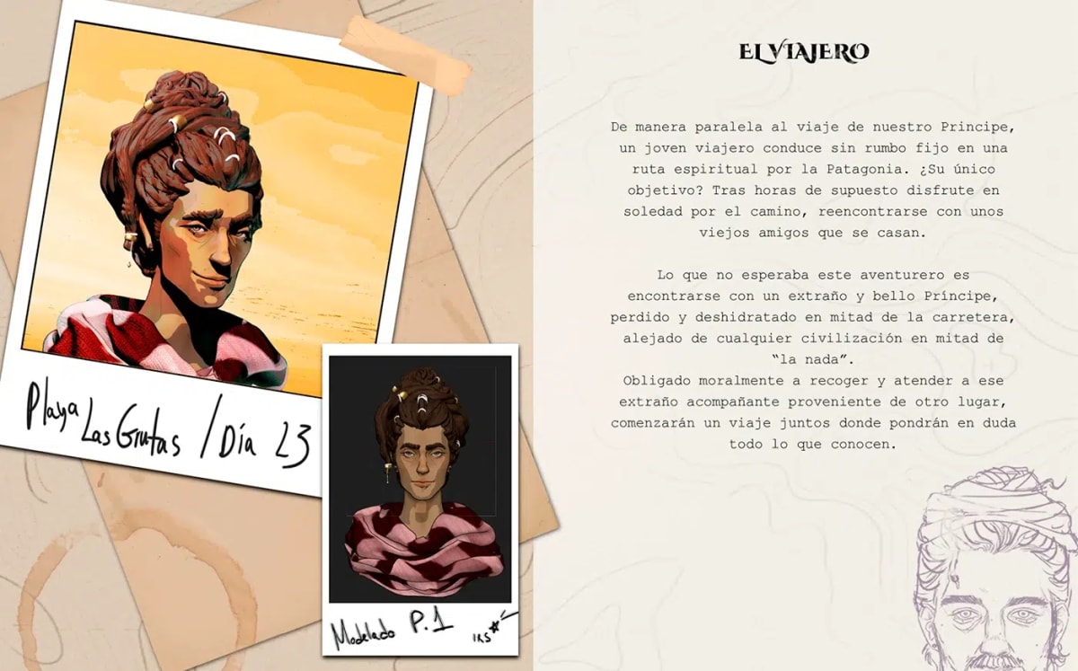 Lámina del personaje El Viajero con retrato pintado y modelado 3D, de Irene Rosado de Solís, alumna de Ilustración y Animación 2D en TRAZOS