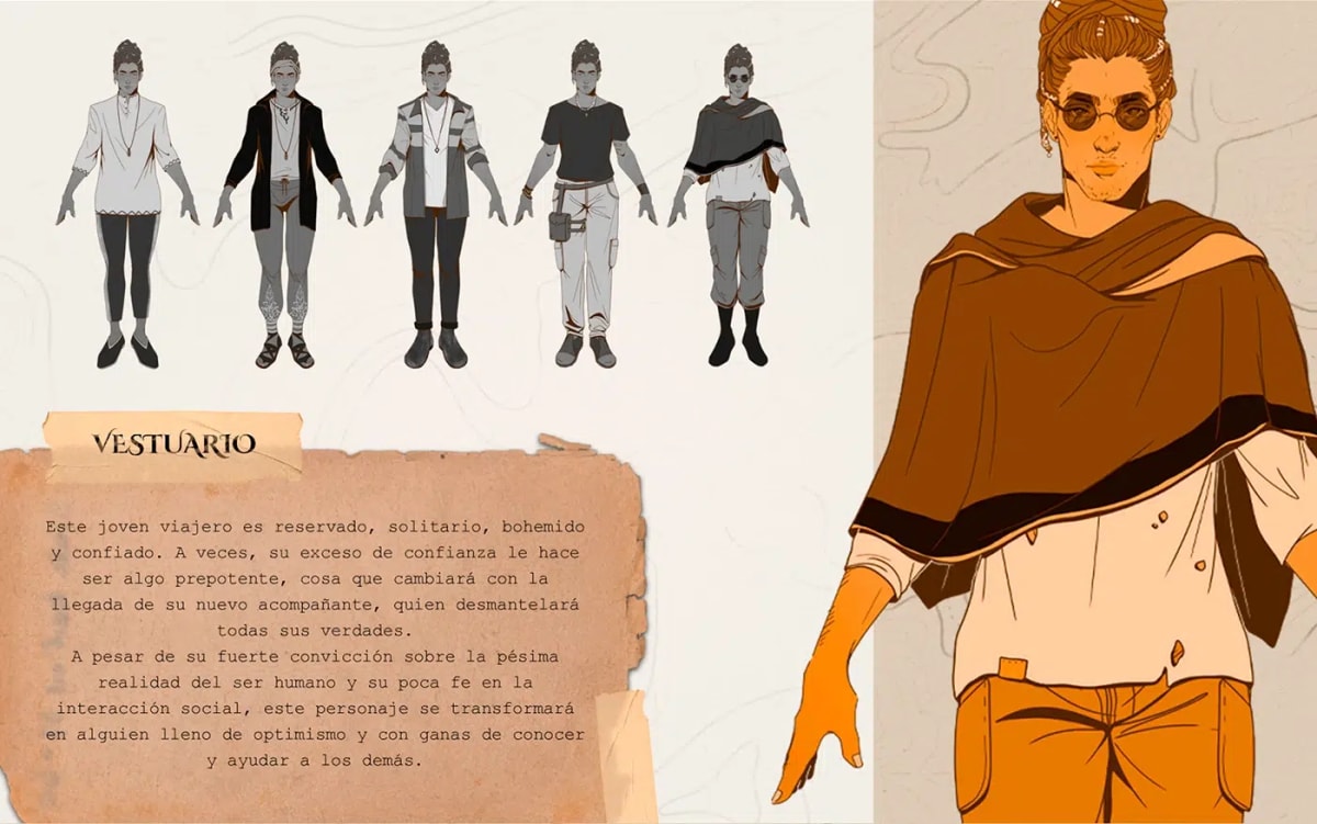 Hoja de vestuario del personaje El Viajero con varias opciones de atuendo, de Irene Rosado de Solís, alumna de Ilustración y Animación 2D en TRAZOS