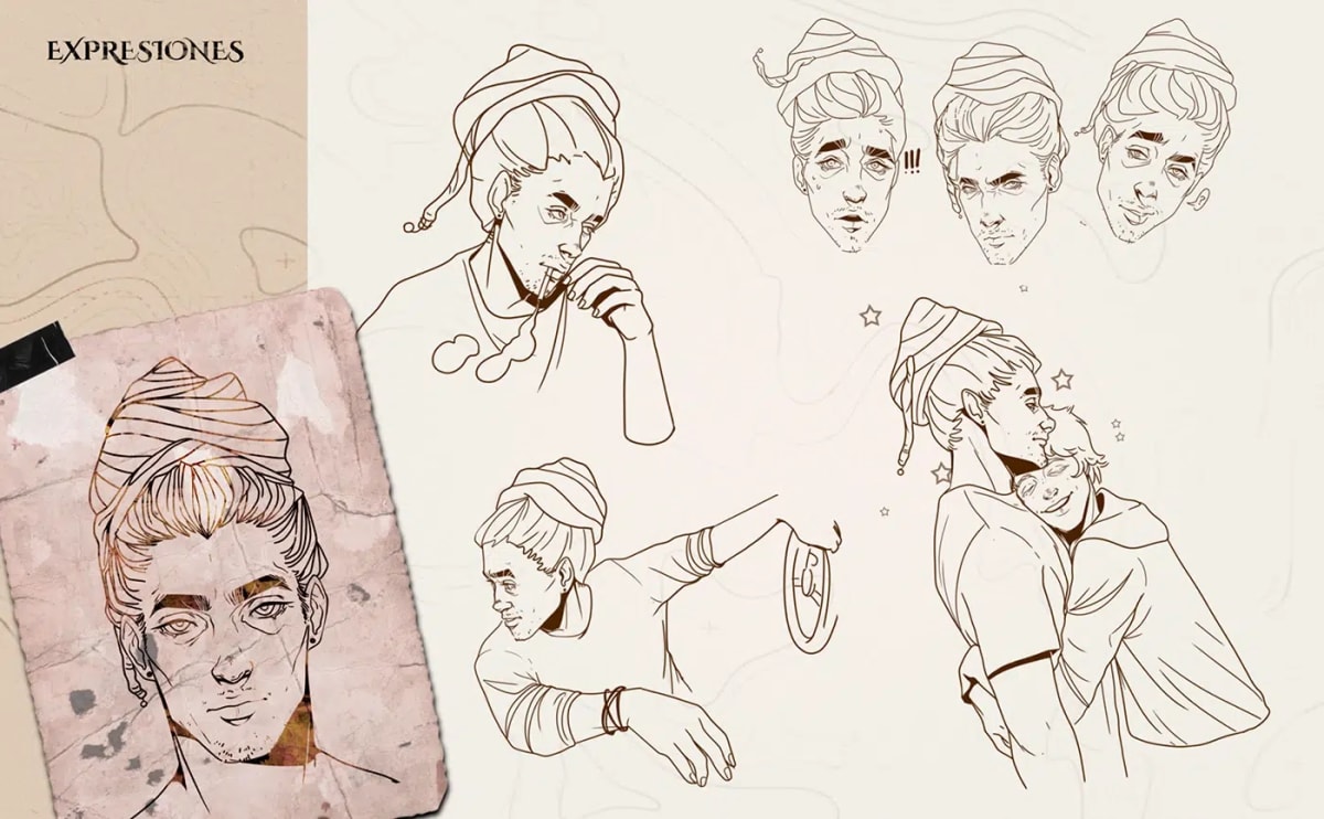 Hoja de expresiones del personaje El Viajero a línea, de Irene Rosado de Solís, alumna de Ilustración y Animación 2D en TRAZOS