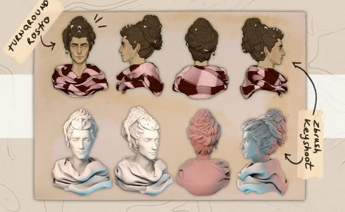 Turnaround del rostro del personaje El Viajero junto a su modelado 3D en ZBrush, de Irene Rosado de Solís, alumna de Ilustración y Animación 2D en TRAZOS