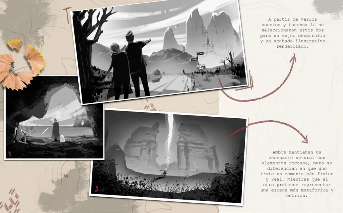 Thumbnails en blanco y negro del escenario de El Viajero con notas de desarrollo, de Irene Rosado de Solís, alumna de Ilustración y Animación 2D en TRAZOS