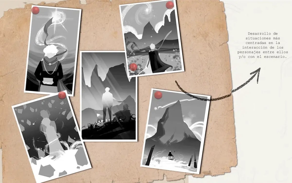 Thumbnails en blanco y negro de situaciones entre personajes y escenario, del proyecto El Viajero, de Irene Rosado de Solís, alumna de Ilustración y Animación 2D en TRAZOS