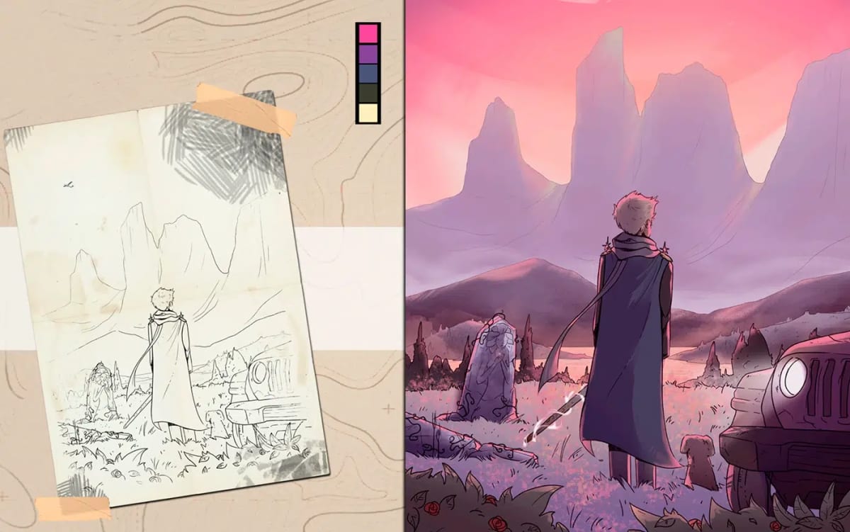 Boceto a línea y su versión final a color de un personaje con capa ante un paisaje rosado, del proyecto El Viajero, de Irene Rosado de Solís, alumna de Ilustración y Animación 2D en TRAZOS