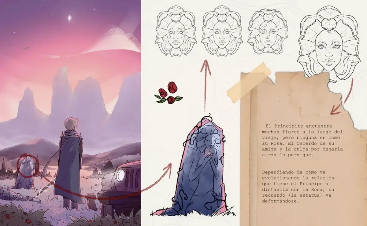 Ilustración final del personaje ante una estatua-flor con bocetos del recuerdo de la Rosa, del proyecto El Viajero, de Irene Rosado de Solís, alumna de Ilustración y Animación 2D en TRAZOS