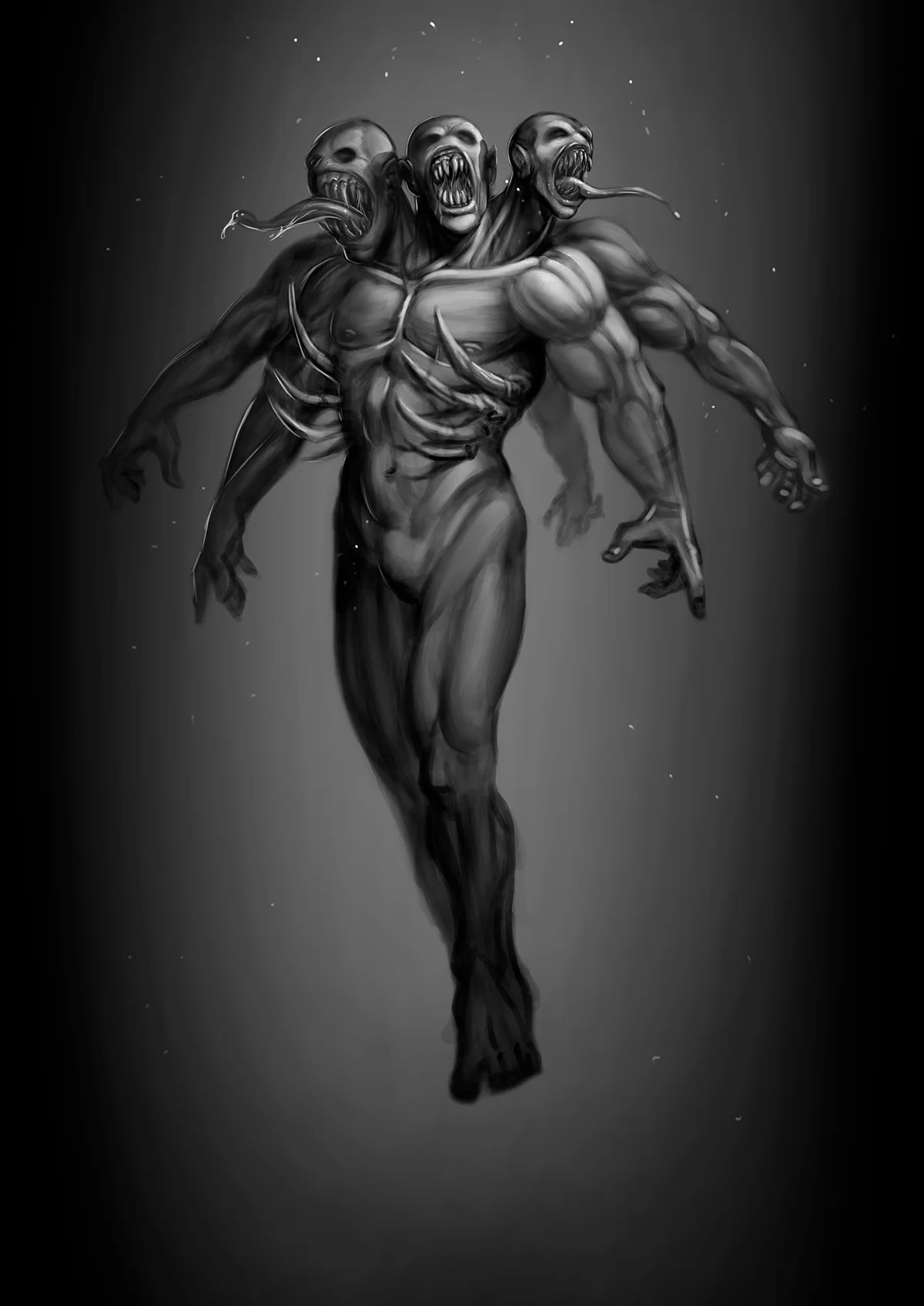 Ilustración en blanco y negro a cuerpo entero de una criatura monstruosa de tres cabezas, de Álvaro Aguayo, alumno de Ilustración y Animación 2D en TRAZOS