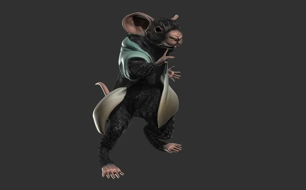 Render 3D de una criatura tipo ratón con capa y orejas grandes en pose dinámica, de Álvaro Aguayo, alumno de Ilustración y Animación 2D en TRAZOS