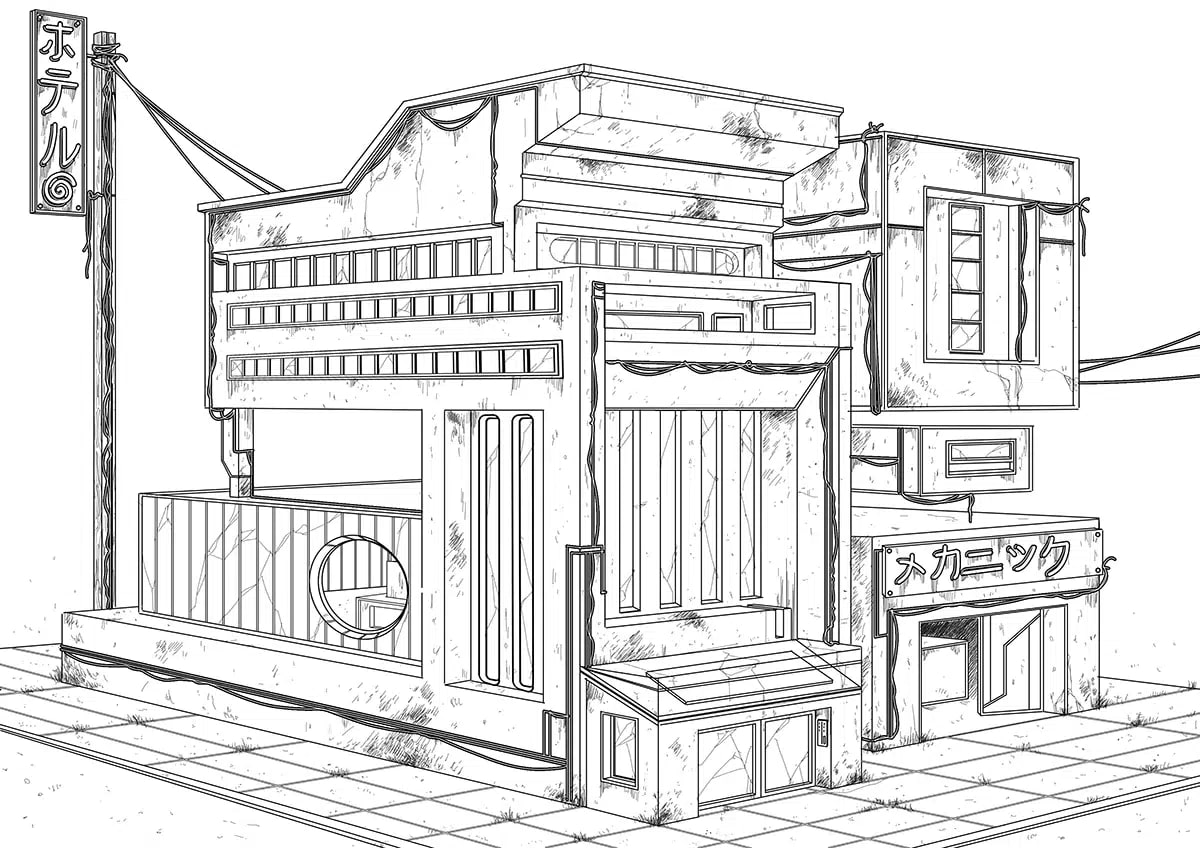 Dibujo lineal en perspectiva de un edificio comercial japones de varias plantas, de Álvaro Aguayo, alumno de Ilustración y Animación 2D en TRAZOS