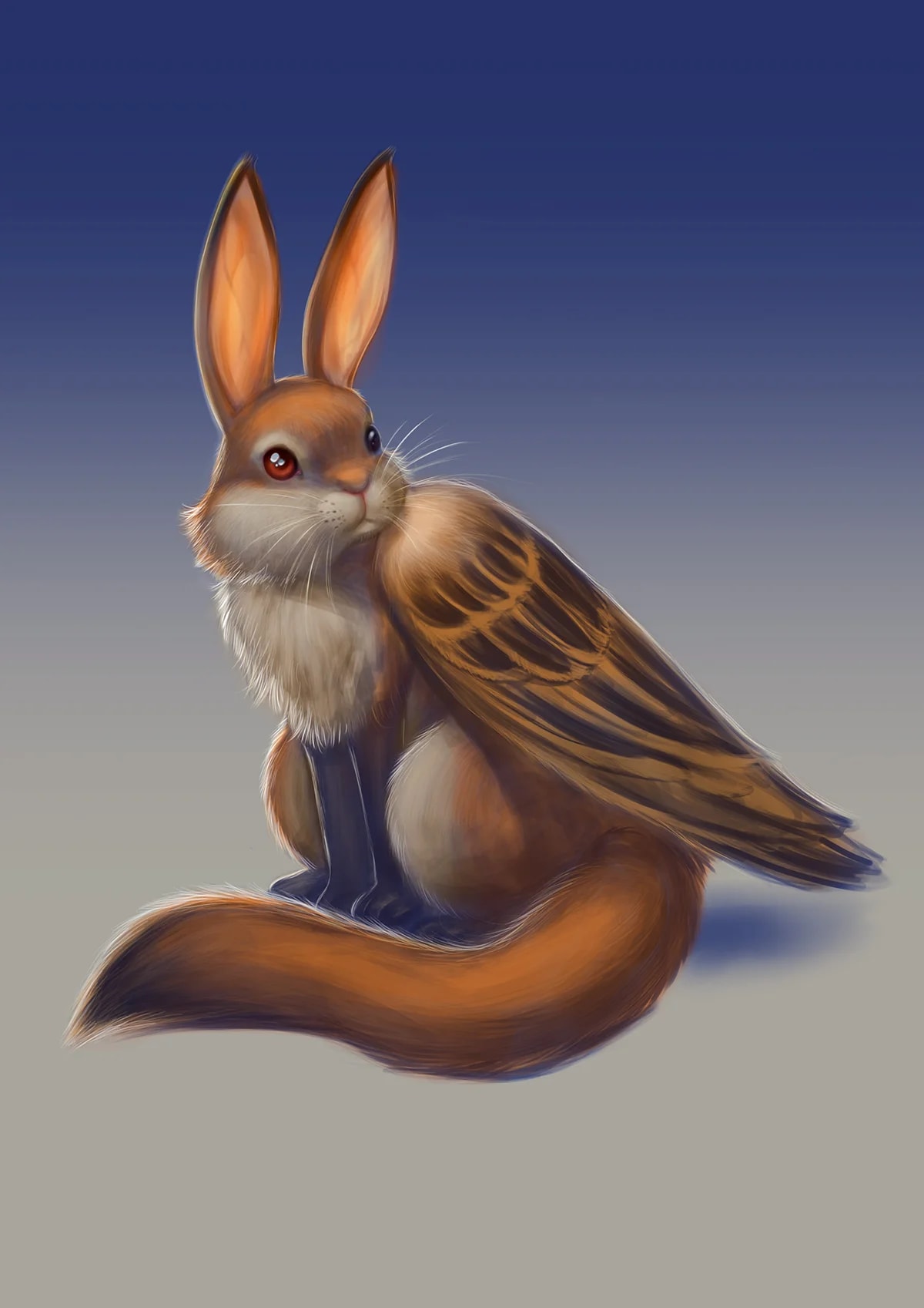 Ilustración de una criatura fantástica tipo conejo con alas y cola tupida sobre fondo azul, de Álvaro Aguayo, alumno de Ilustración y Animación 2D en TRAZOS