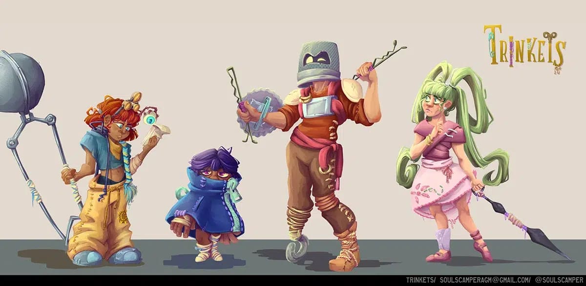 Concept art de una lámina de presentación con el reparto de personajes de Trinkets, de Alejandra Álvarez González, alumno de Concept Art en TRAZOS