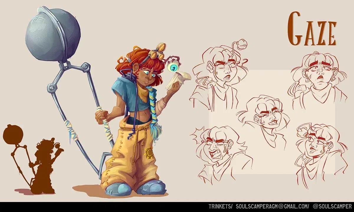 Concept art de la ficha del personaje Gaze con hoja de expresiones, de Alejandra Álvarez González, alumno de Concept Art en TRAZOS