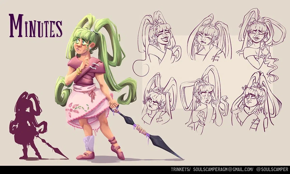 Concept art de la ficha del personaje Minutes con hoja de expresiones, de Alejandra Álvarez González, alumno de Concept Art en TRAZOS