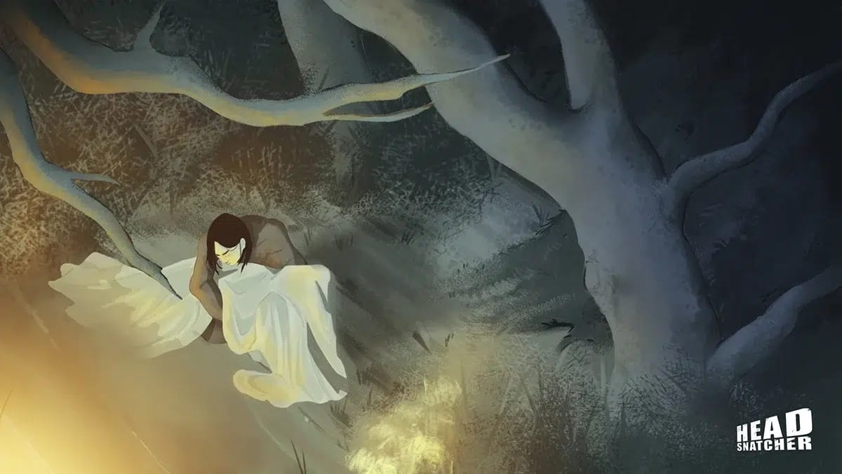 Ilustración del proyecto Head Snatcher con un personaje sentado bajo un árbol entre rayos de luz, de Martina Euba Balda, alumna de Ilustración y Animación 2D en TRAZOS
