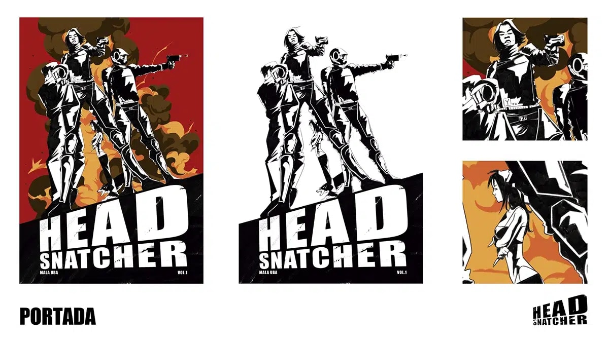 Diseños de portada del cómic Head Snatcher con tres personajes armados, de Martina Euba Balda, alumna de Ilustración y Animación 2D en TRAZOS