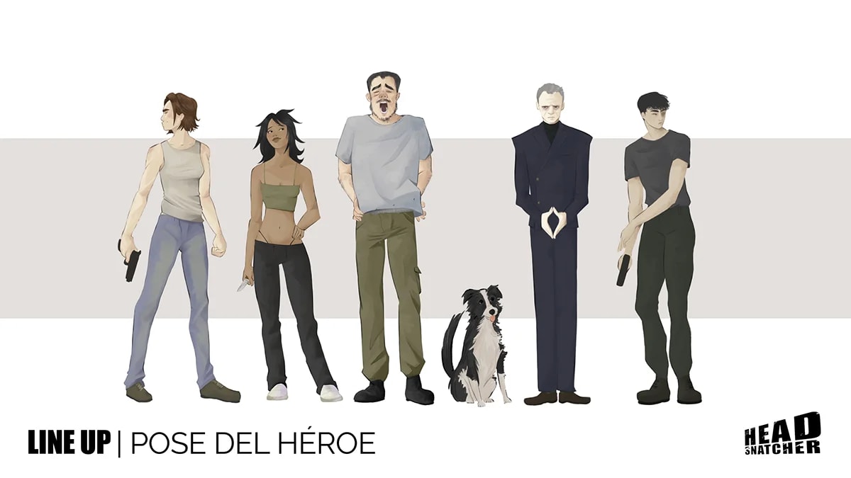 Line up con los personajes del proyecto Head Snatcher y un perro, de Martina Euba Balda, alumna de Ilustración y Animación 2D en TRAZOS