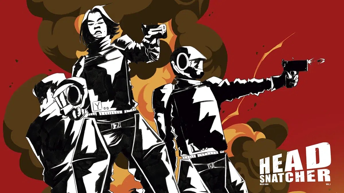 Ilustración de portada del proyecto Head Snatcher con tres personajes armados ante el fuego, de Martina Euba Balda, alumna de Ilustración y Animación 2D en TRAZOS