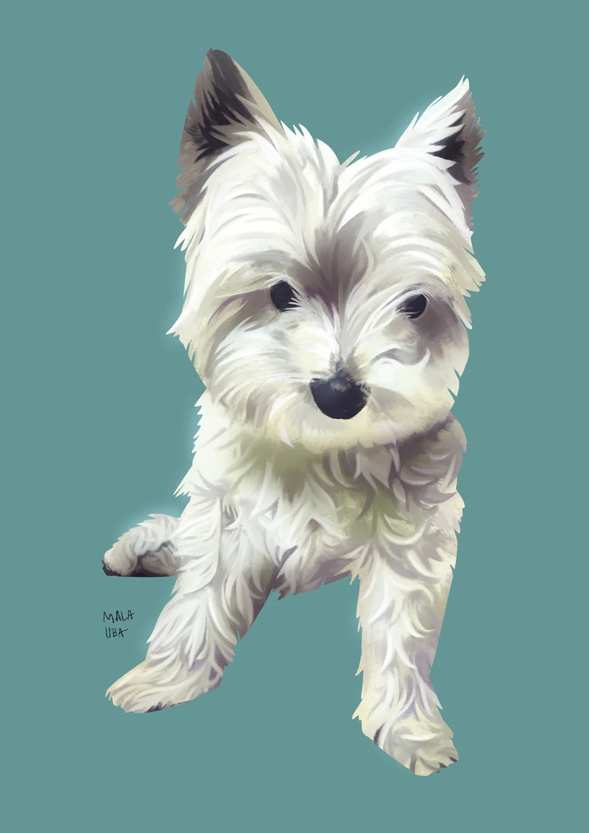Retrato pintado de un perro terrier blanco del proyecto Head Snatcher, de Martina Euba Balda, alumna de Ilustración y Animación 2D en TRAZOS