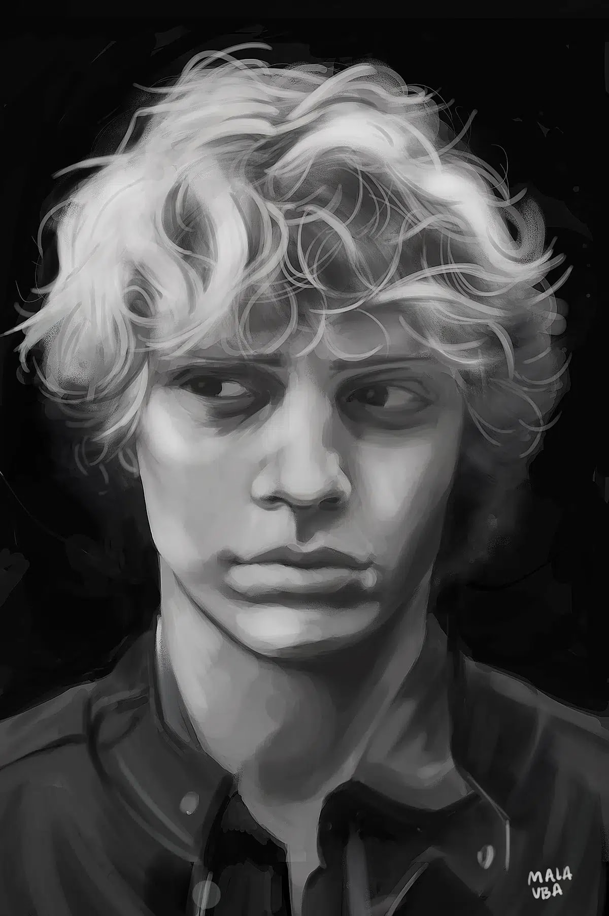 Retrato a lápiz digital en escala de grises de un chico de pelo rizado del proyecto Head Snatcher, de Martina Euba Balda, alumna de Ilustración y Animación 2D en TRAZOS