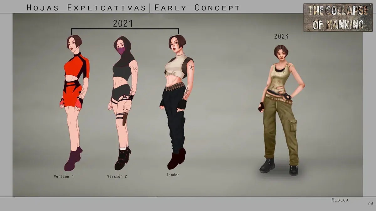 Hoja de concept art con la evolución de diseño de un personaje femenino del proyecto The Collapse of Mankind, de Rebeca Cabezas Hernández, alumna de Ilustración y Animación 2D en TRAZOS
