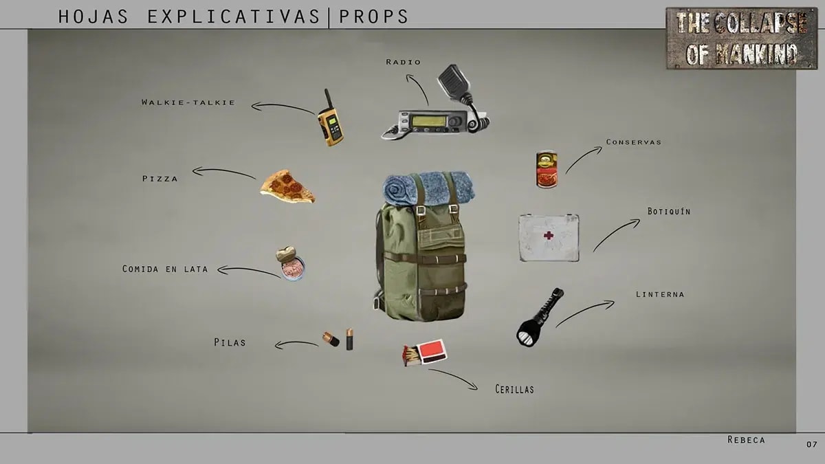 Hoja de props de objetos de supervivencia (mochila, radio, botiquín, linterna) del proyecto The Collapse of Mankind, de Rebeca Cabezas Hernández, alumna de Ilustración y Animación 2D en TRAZOS