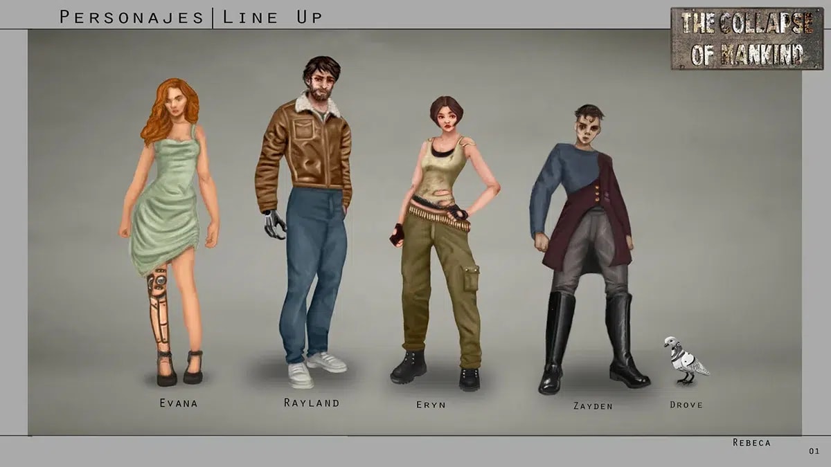 Line up con los personajes del proyecto The Collapse of Mankind (Evana, Rayland, Eryn, Zayden y Drove), de Rebeca Cabezas Hernández, alumna de Ilustración y Animación 2D en TRAZOS