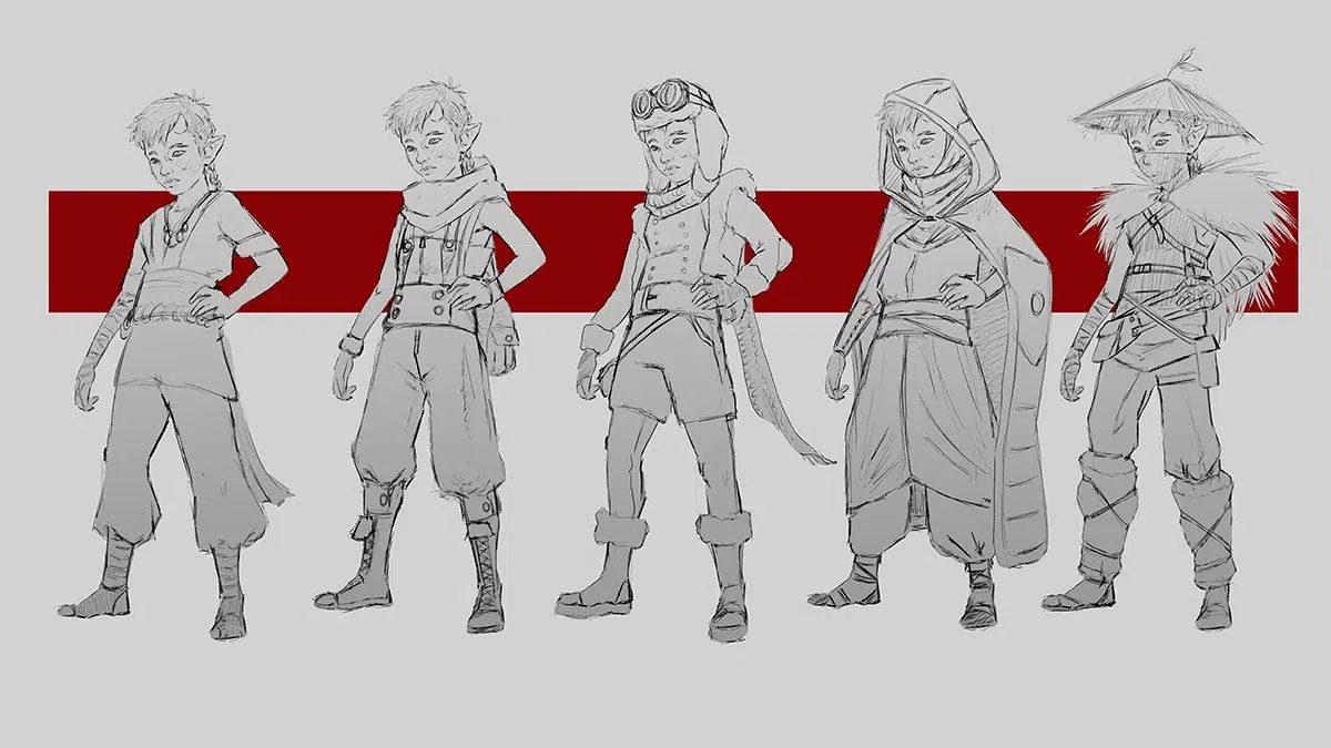 Hoja de diseño con un lineup de personajes elfo en bocetos a lápiz, de Laura Gabriela Frankiewicz Manso, alumna de Concept Art en TRAZOS