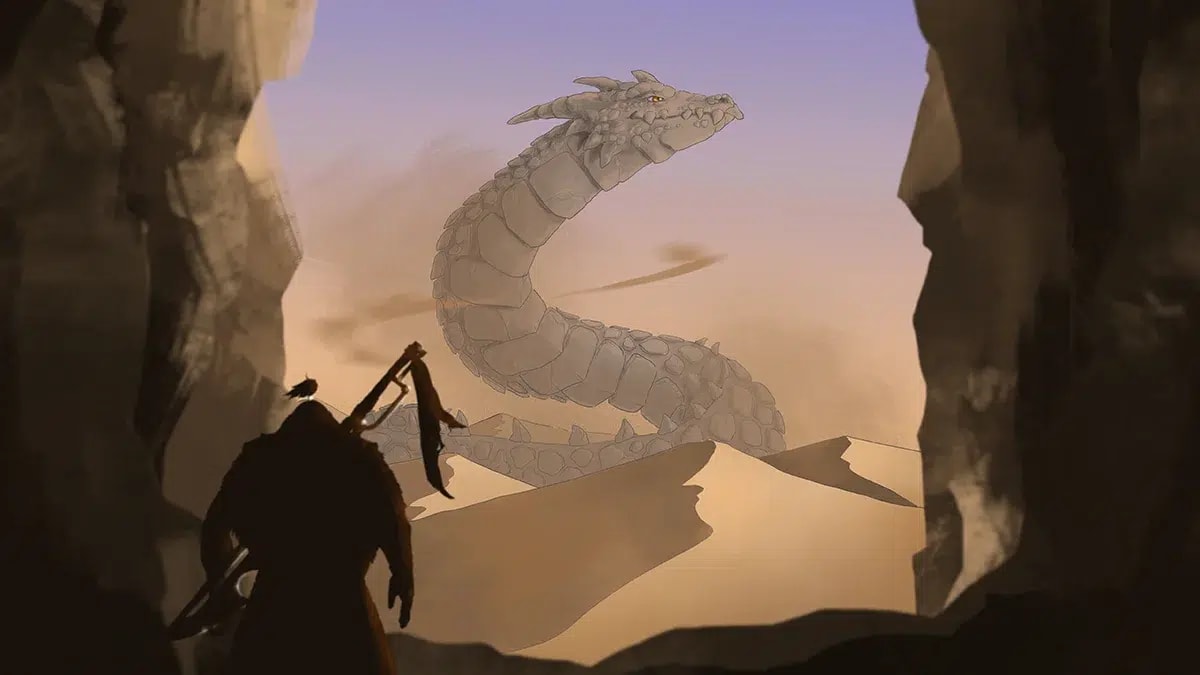 Ilustración de un cañón del desierto con un gran dragón serpiente y una figura silueteada, de Laura Gabriela Frankiewicz Manso, alumna de Concept Art en TRAZOS