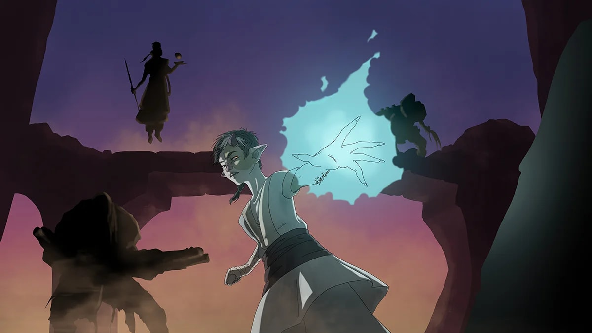 Ilustración de un personaje elfo lanzando un conjuro luminoso en un cañón al atardecer, de Laura Gabriela Frankiewicz Manso, alumna de Concept Art en TRAZOS