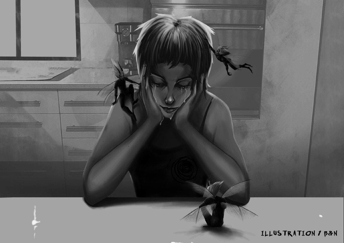 Ilustración en blanco y negro de una chica llorando rodeada de hadas en una cocina, de Irene Rosado de Solís, alumna de Ilustración y Animación 2D en TRAZOS