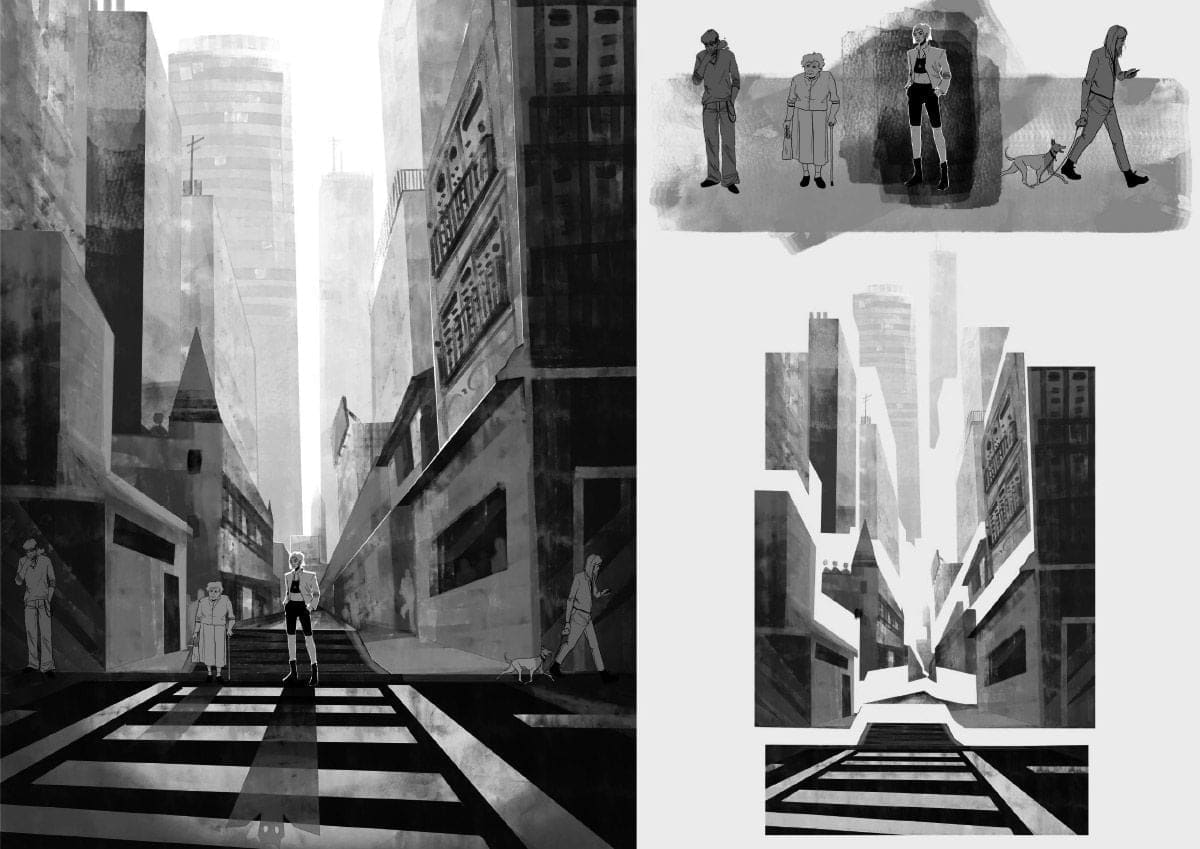 Escenario en blanco y negro de un personaje en un paso de cebra entre rascacielos, de Irene Rosado de Solís, alumna de Ilustración y Animación 2D en TRAZOS