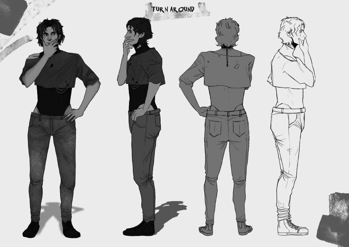 Turnaround en blanco y negro de un personaje masculino joven, de Irene Rosado de Solís, alumna de Ilustración y Animación 2D en TRAZOS