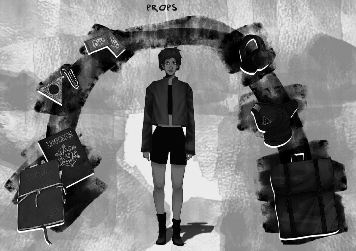 Hoja de personaje con sus props y objetos en blanco y negro, de Irene Rosado de Solís, alumna de Ilustración y Animación 2D en TRAZOS