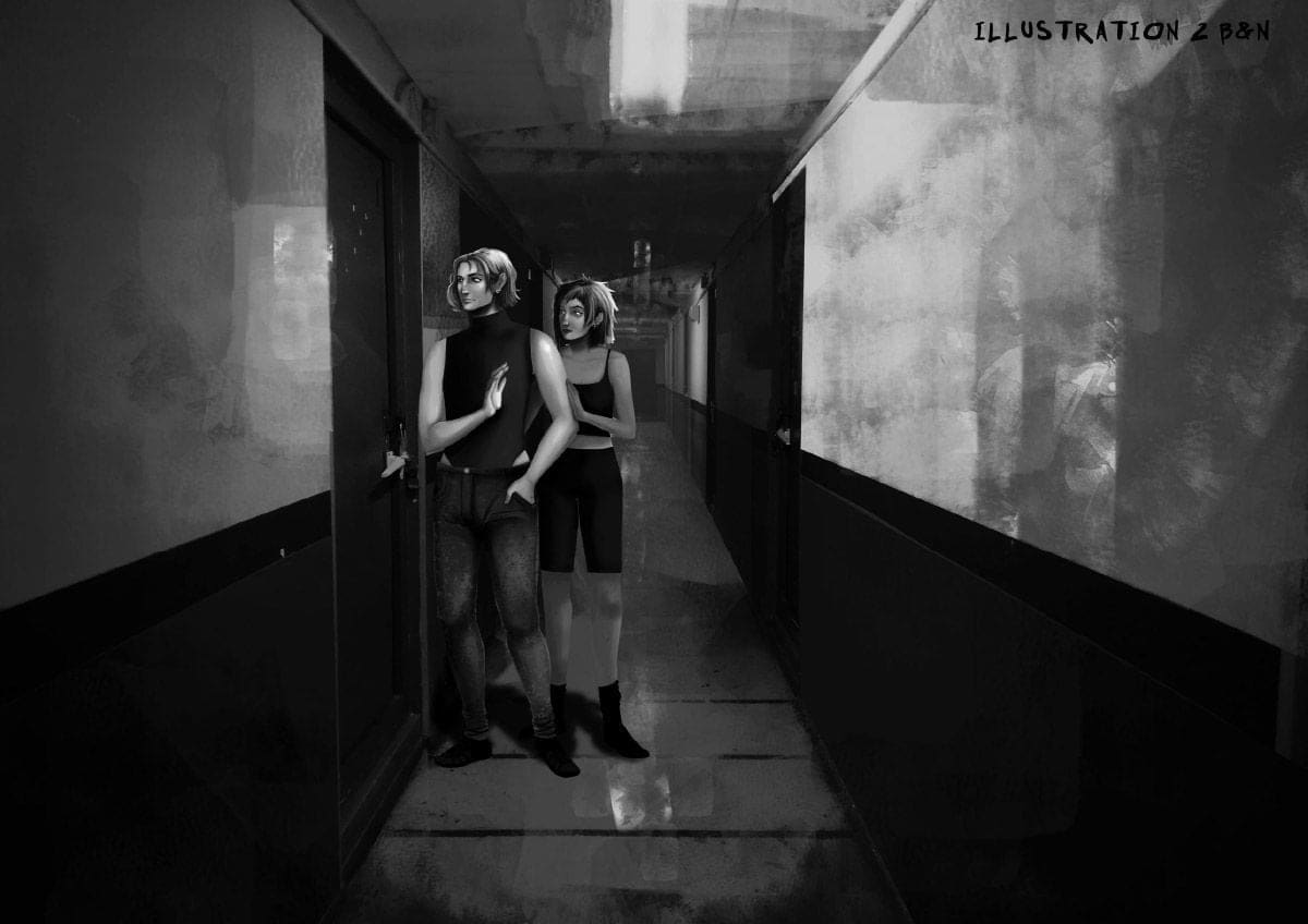 Ilustración en blanco y negro de dos personajes en un pasillo oscuro, de Irene Rosado de Solís, alumna de Ilustración y Animación 2D en TRAZOS