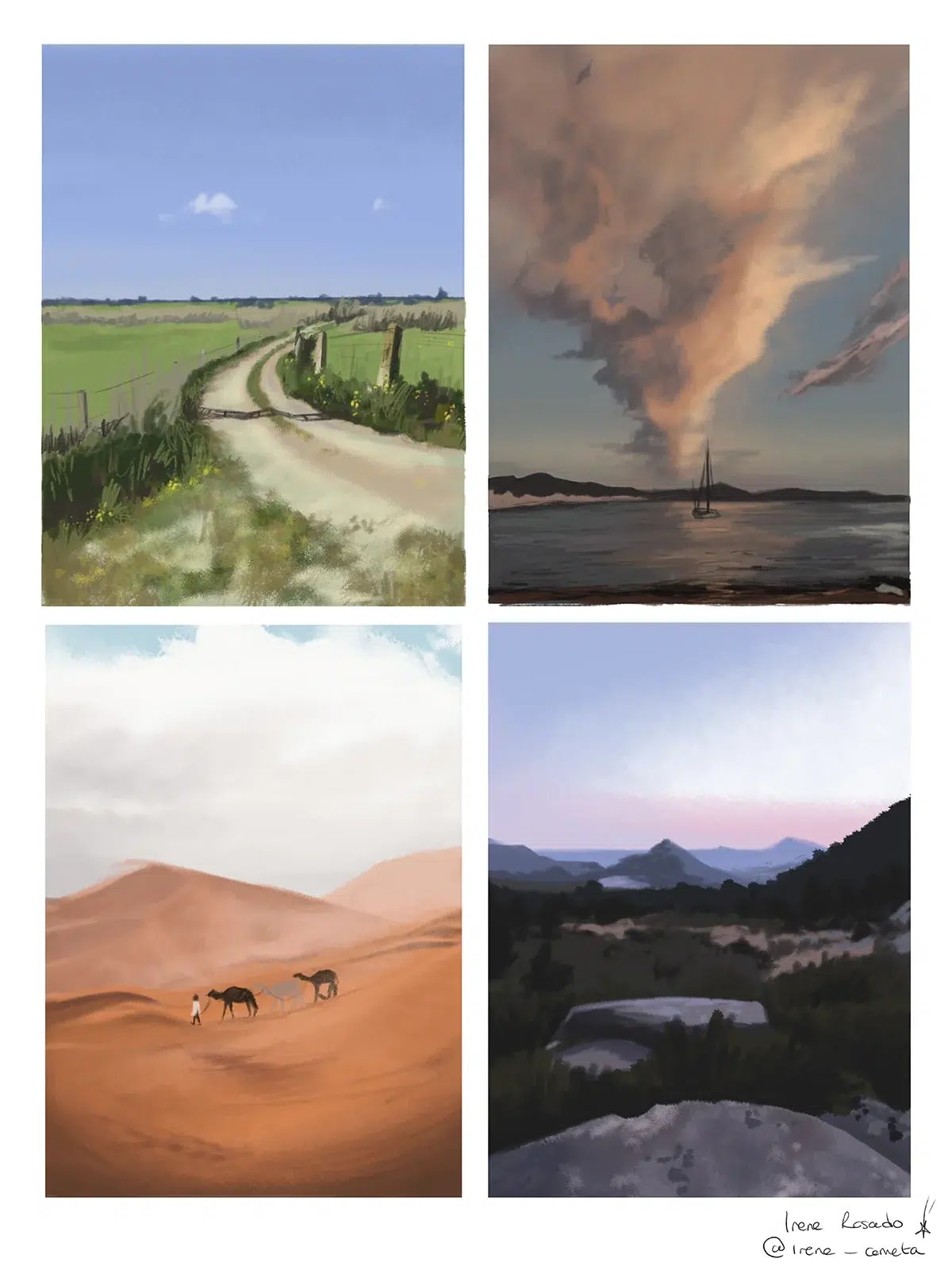 Estudios pictóricos de paisajes naturales: camino, mar, desierto y montañas, de Irene Rosado de Solís, alumna de Ilustración y Animación 2D en TRAZOS