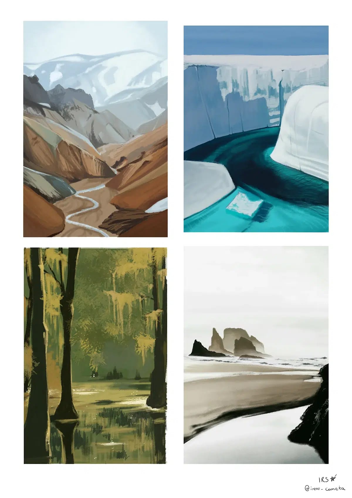 Estudios pictóricos de paisajes de montaña, hielo, bosque y costa, de Irene Rosado de Solís, alumna de Ilustración y Animación 2D en TRAZOS