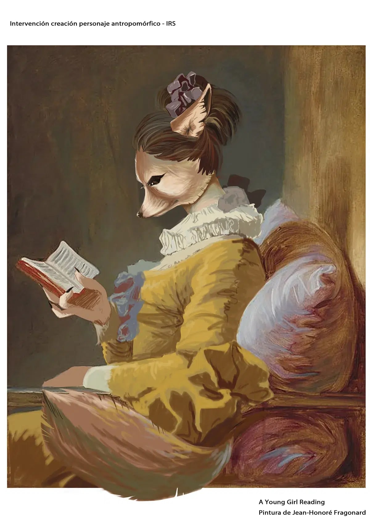Intervención sobre la pintura A Young Girl Reading convirtiendo a la lectora en una chihuahua antropomorfa, de Irene Rosado de Solís, alumna de Ilustración y Animación 2D en TRAZOS