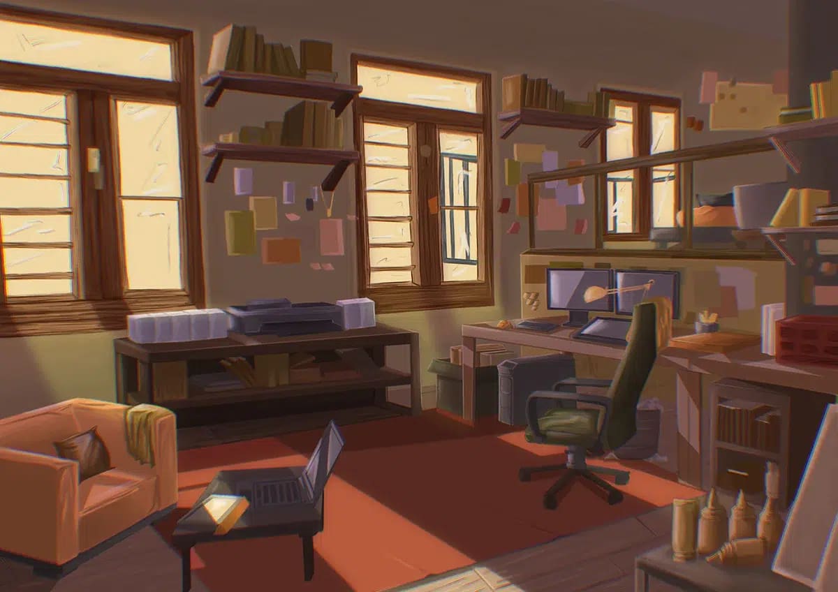 Ilustración de un estudio interior con estanterías, ordenador y luz cálida para el proyecto Domas, de Belén María Picazo Delgado, alumna de Ilustración y Animación 2D en TRAZOS